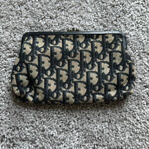 Vintage Dior Black and Cream Canvas Monogram Pouch Clutch